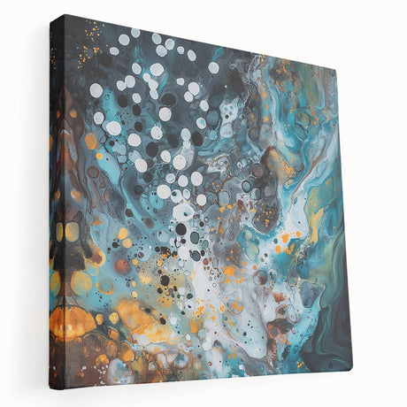 Abstract splatter artwork on stretched canvas showcasing vibrant colors like blue, orange, and yellow. This side view highlights the textured surface and gallery wrap, perfect for modern home decor.