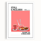 Abstract art print depicting various food dishes in soft pastel shades, framed with a white mat, ideal for dining room decor.