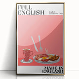 Large art print of various colorful food dishes in a mid-century modernist style, framed in gold acrylic.