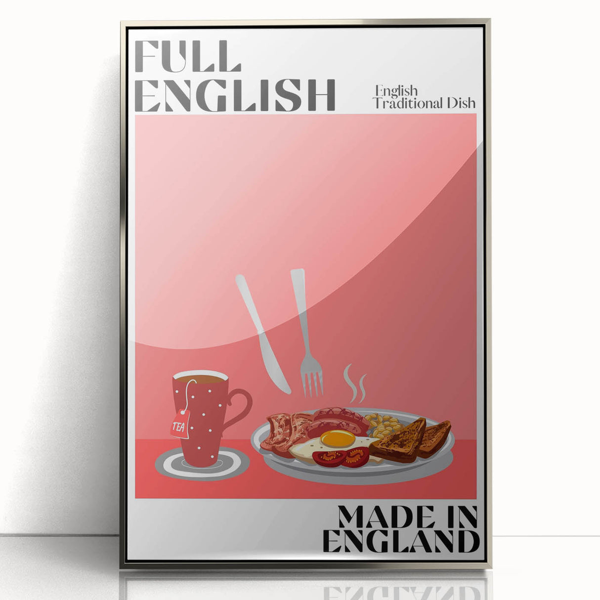 Mid-century modernist art featuring an array of stylized food dishes in muted earth tones, framed in silver acrylic.