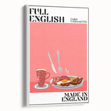 Vintage poster art of colorful food dishes on a white framed canvas, ideal for living room decor.