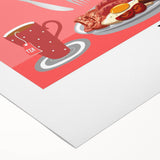 Art deco poster featuring assorted food dishes in bold colors on rolled canvas, suitable for dining room decor.