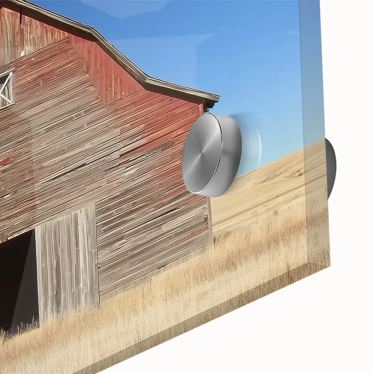 Close-up of a vibrant landscape barn design printed on acrylic glass, showcasing vivid colors and intricate details, perfect for home decor enthusiasts.