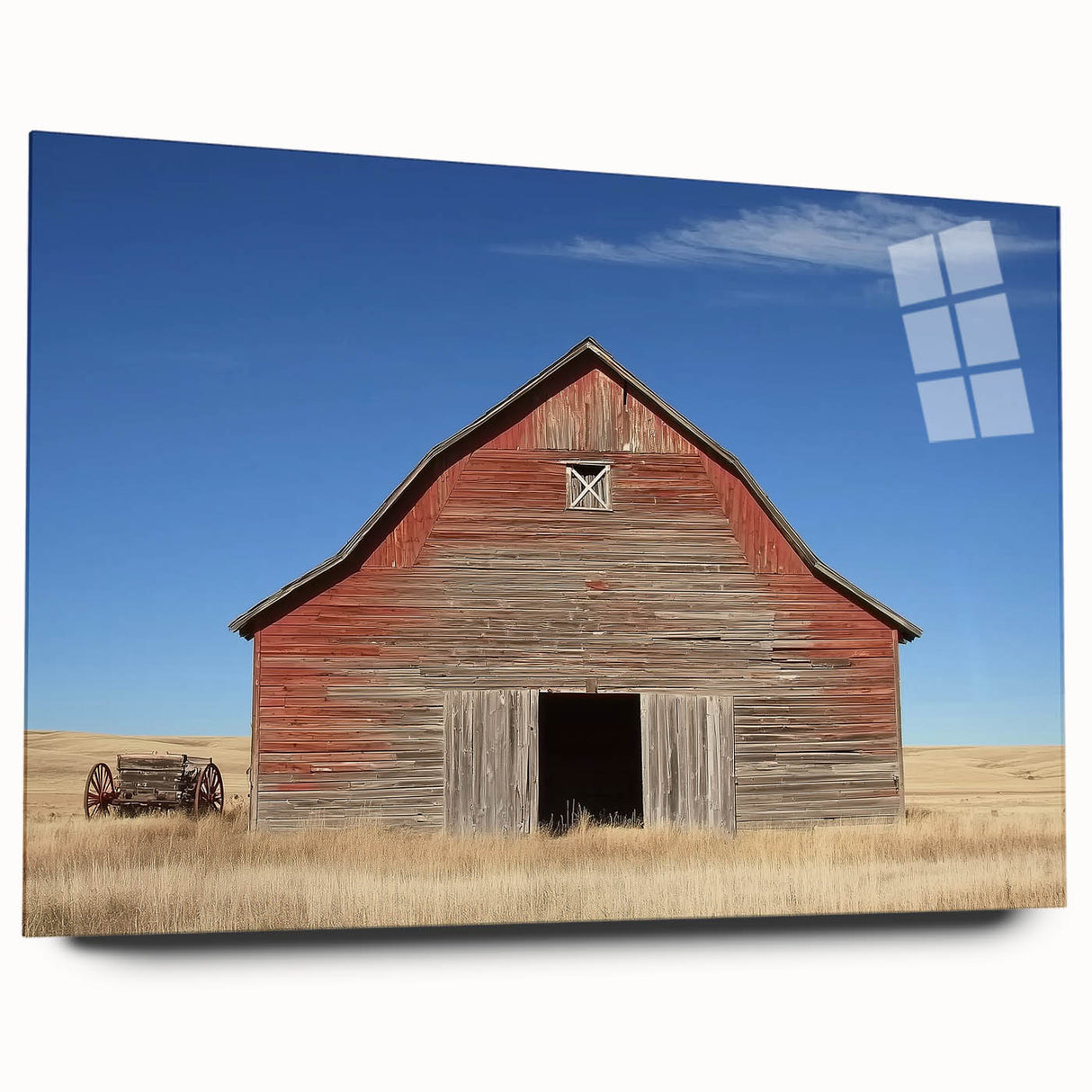 Side view of a landscape barn design printed on acrylic glass, showcasing vibrant colors and fine details, ideal for rustic home decor.