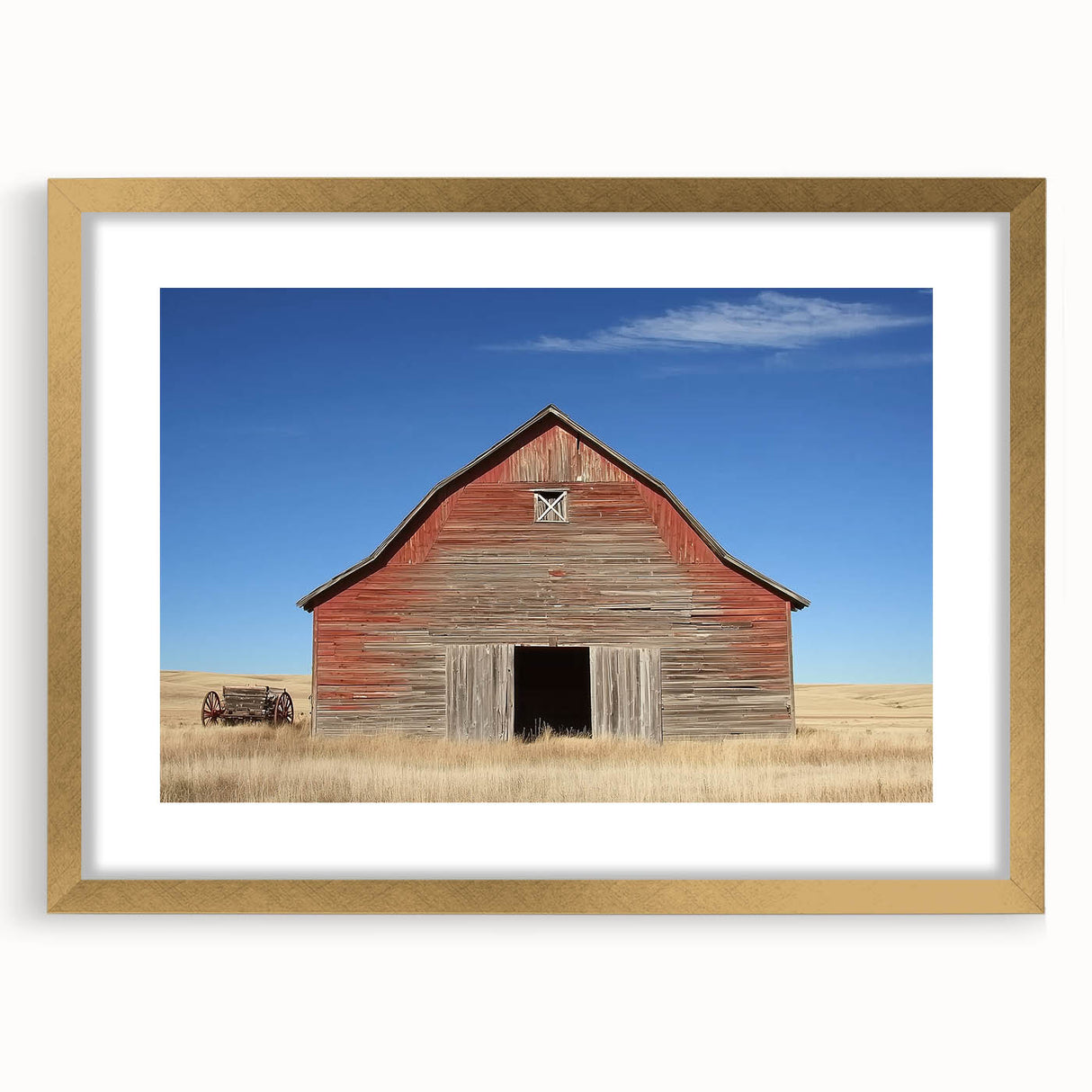 Elegant landscape barn frame in gold with a white mat, showcasing a charming front view. Ideal for enhancing home decor or gallery displays, this frame adds a touch of sophistication to any setting. Perfect for art enthusiasts seeking stylish presentation options.