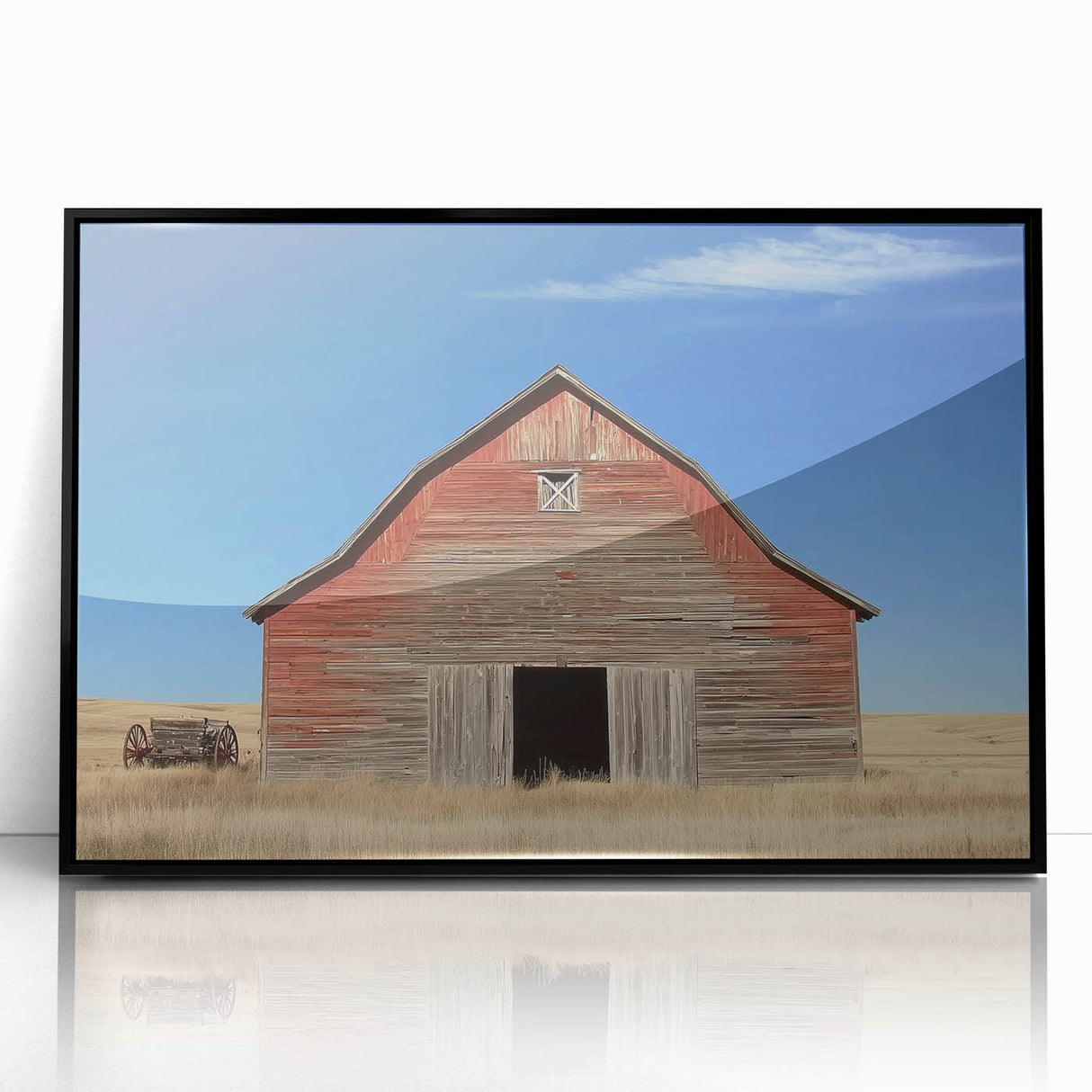 Barn framed acrylic artwork showcasing a vibrant landscape scene, featuring rich colors and intricate details, perfect for home decor or office settings.