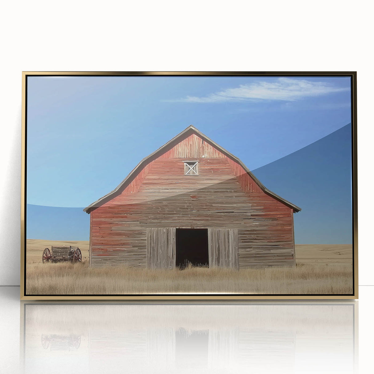 Elegant landscape artwork featuring a barn framed in gold acrylic, showcasing a serene rural scene with vibrant colors, perfect for home decor.