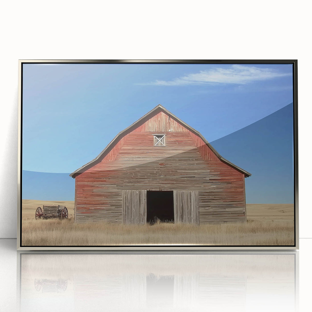 Framed acrylic wall art depicting a serene landscape scene with a barn, set against a vibrant sky. The artistic design features rich colors, ideal for home decor.