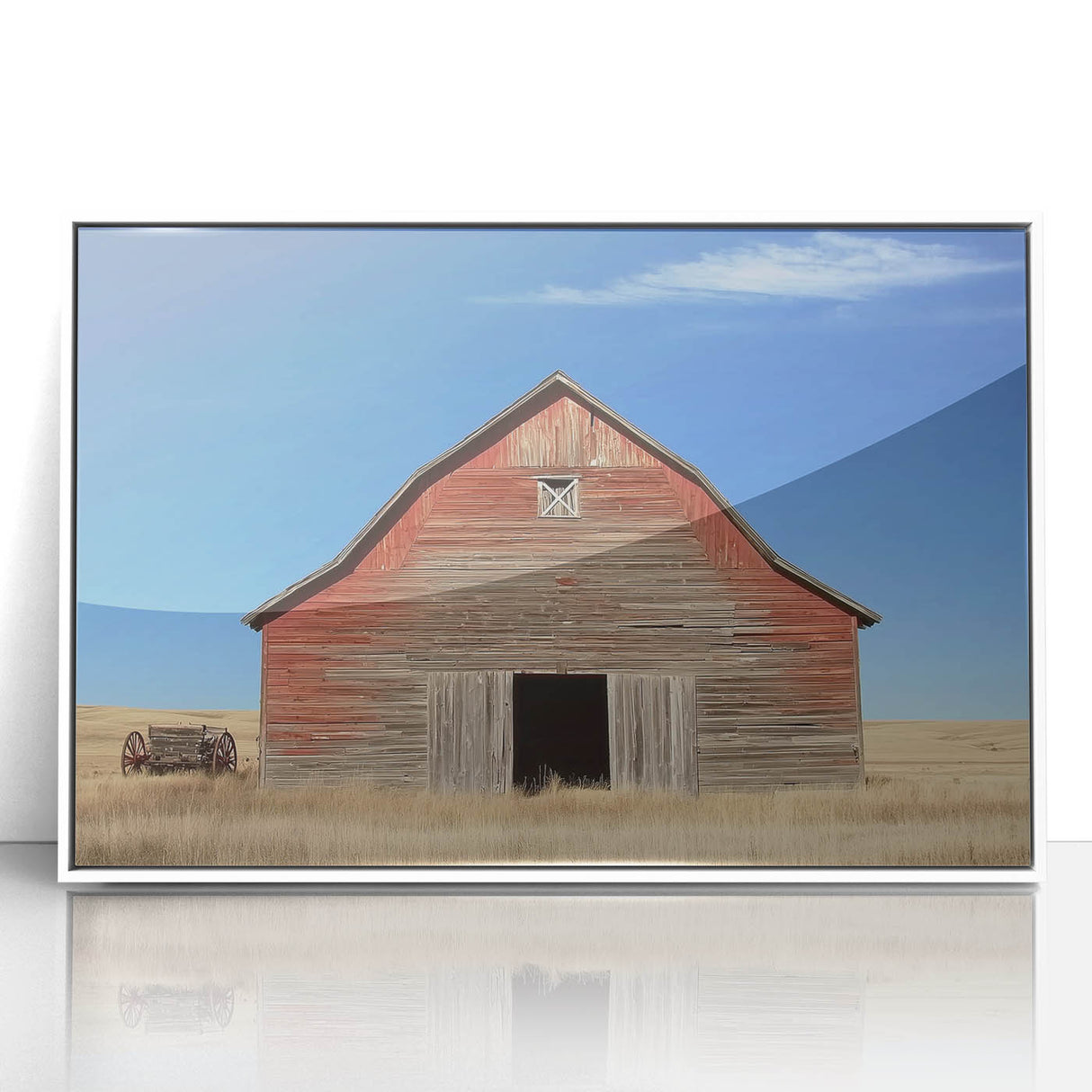 Framed acrylic artwork depicting a serene landscape scene with a barn, featuring a white frame that enhances the visual appeal. Perfect for rustic home decor.