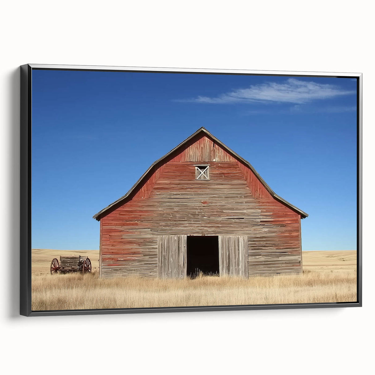Landscape barn-framed canvas art showcasing a rustic black design, viewed from the side, ideal for enhancing country-themed decor in homes or offices.