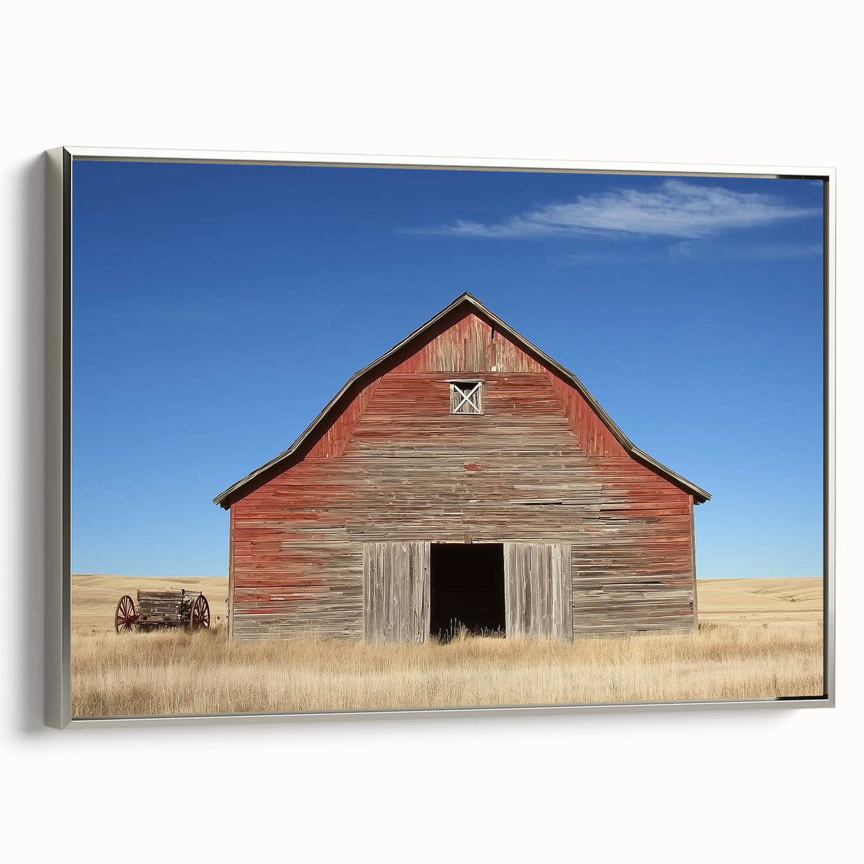 Elegant silver-framed canvas showcasing a landscape design, featuring a tranquil scene with soft hues and intricate details, ideal for enhancing home decor.