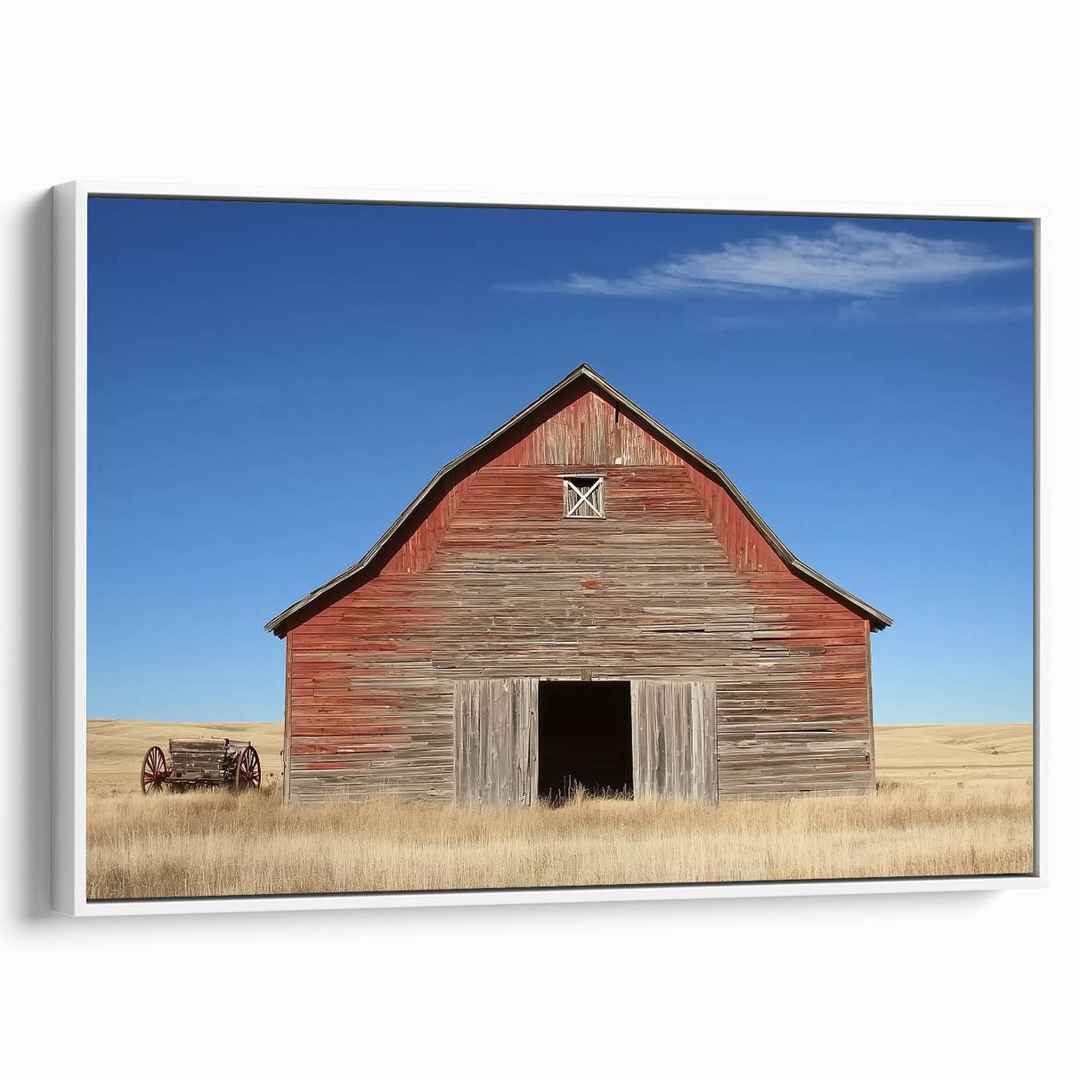 Landscape barn-framed canvas showcasing a serene countryside scene with lush greenery and a clear blue sky, ideal for rustic home decor and art enthusiasts.