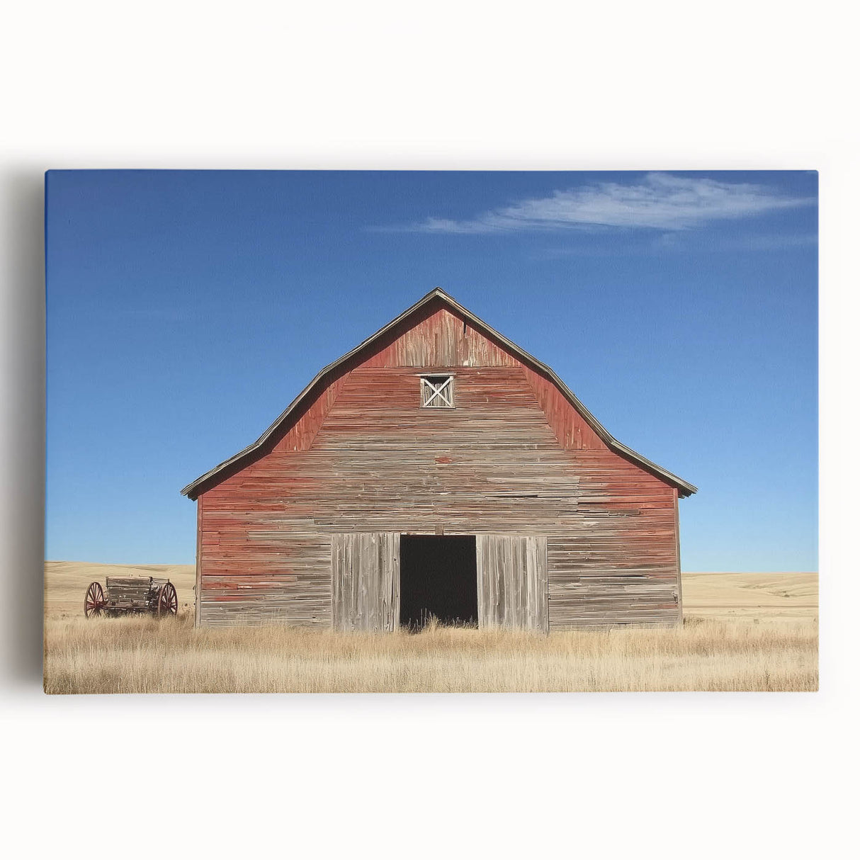Landscape canvas art depicting a rustic barn surrounded by lush greenery and a clear blue sky, ideal for home decor and country-themed interiors. The vibrant colors and detailed textures enhance the artwork's charm, making it a perfect focal point for any room.