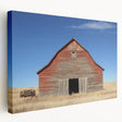Landscape-oriented stretched canvas showcasing a rustic barn design in muted colors, highlighting intricate details of wood and surrounding nature, ideal for country-themed decor.