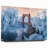 Landscape acrylic glass featuring a modern bridge design, showcasing vibrant colors and sharp details. The artwork is displayed from a side view, highlighting its unique pin attachments and reflective surface, perfect for contemporary decor.