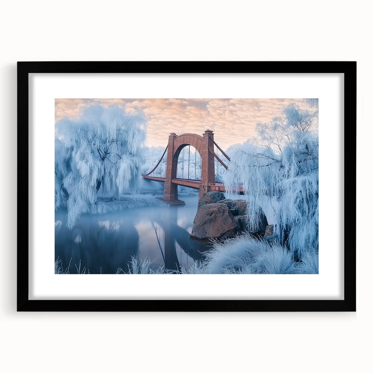 Black landscape bridge frame with mat, showcasing a sleek front view design, ideal for modern home decor or art displays. Perfect for highlighting your artwork.