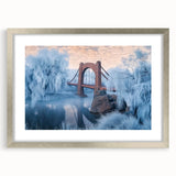 Silver landscape bridge frame with a white mat, showcasing a front view of an elegant design that enhances artwork presentation and home decor aesthetics.