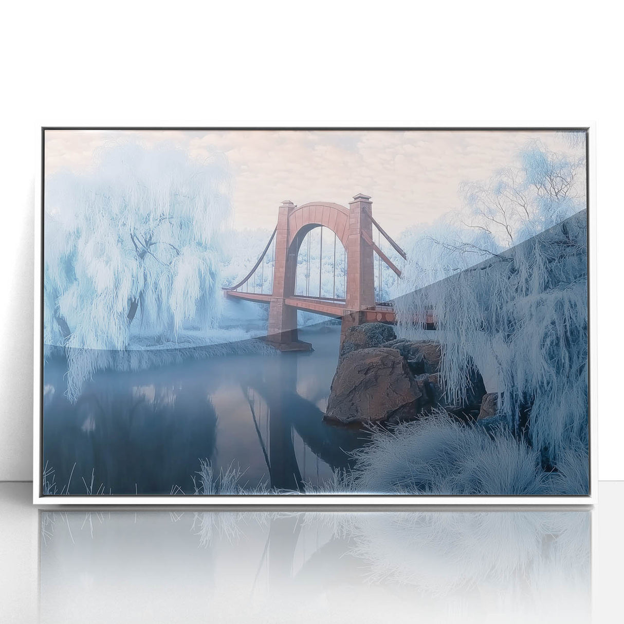 Framed acrylic artwork of a modern landscape bridge showcasing vibrant colors and intricate details, perfect for enhancing contemporary home decor.
