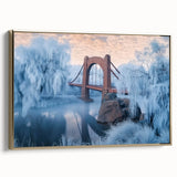 Framed canvas artwork depicting a stunning landscape bridge in gold tones, showcasing intricate details and textures, perfect for modern home decor.