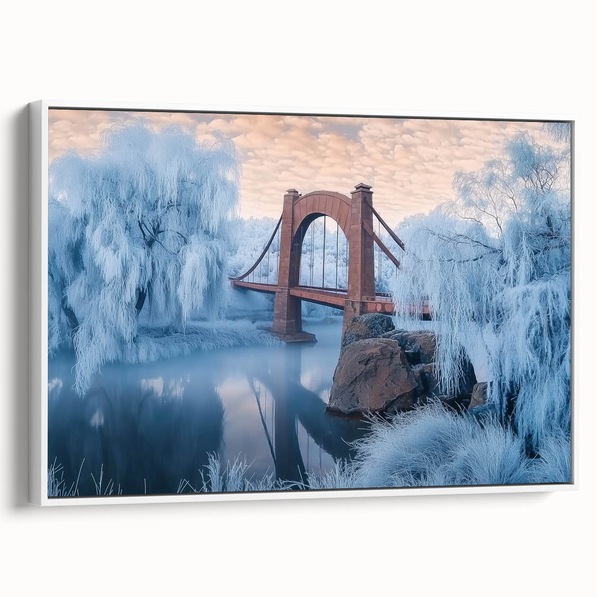 Framed canvas artwork showcasing a serene landscape bridge scene, featuring vibrant colors and intricate details, displayed against a white backdrop, perfect for home decor.
