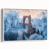 Framed canvas artwork showcasing a serene landscape bridge scene, featuring vibrant colors and intricate details, displayed against a white backdrop, perfect for home decor.