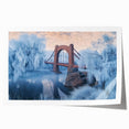 Rolled print of a serene landscape bridge, showcasing vibrant green trees and a tranquil water reflection, designed for art enthusiasts and home décor.