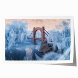 Rolled print of a serene landscape bridge, showcasing vibrant green trees and a tranquil water reflection, designed for art enthusiasts and home décor.