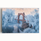 Stretched canvas artwork depicting a scenic landscape bridge, showcasing vibrant colors and intricate details, perfect for enhancing home decor and interior design.