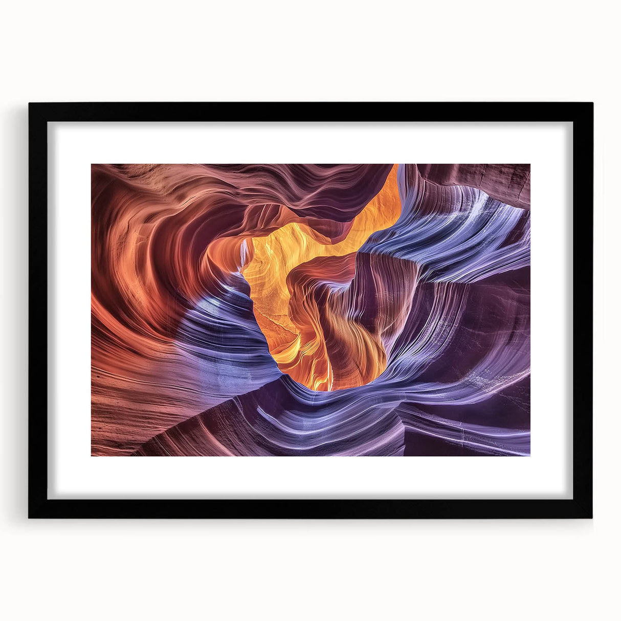 Black-framed landscape print showcasing vibrant canyons, elegantly matted for a polished look, perfect for enhancing contemporary home decor.