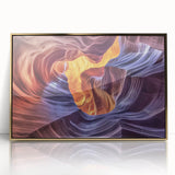 Framed acrylic artwork depicting a stunning landscape of canyons with rich, earthy tones and golden accents, perfect for enhancing modern home decor.