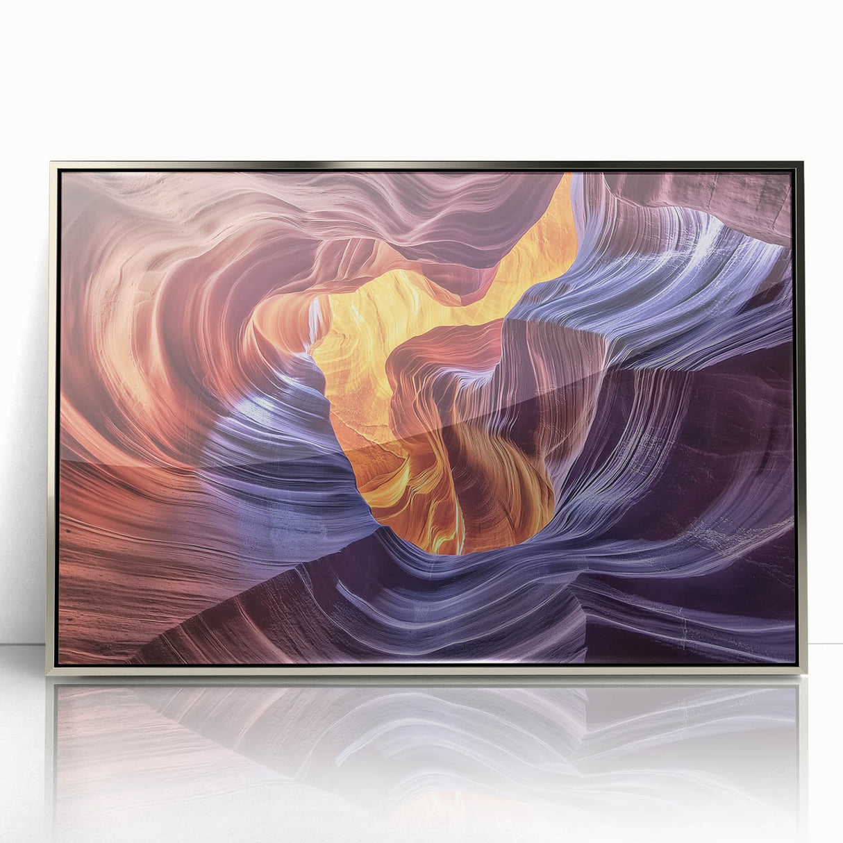 Framed acrylic artwork showcasing a stunning landscape of canyons in vibrant hues of orange and blue, ideal for modern home decor. This eye-catching piece adds depth and tranquility to any room, perfect for nature lovers and art enthusiasts.
