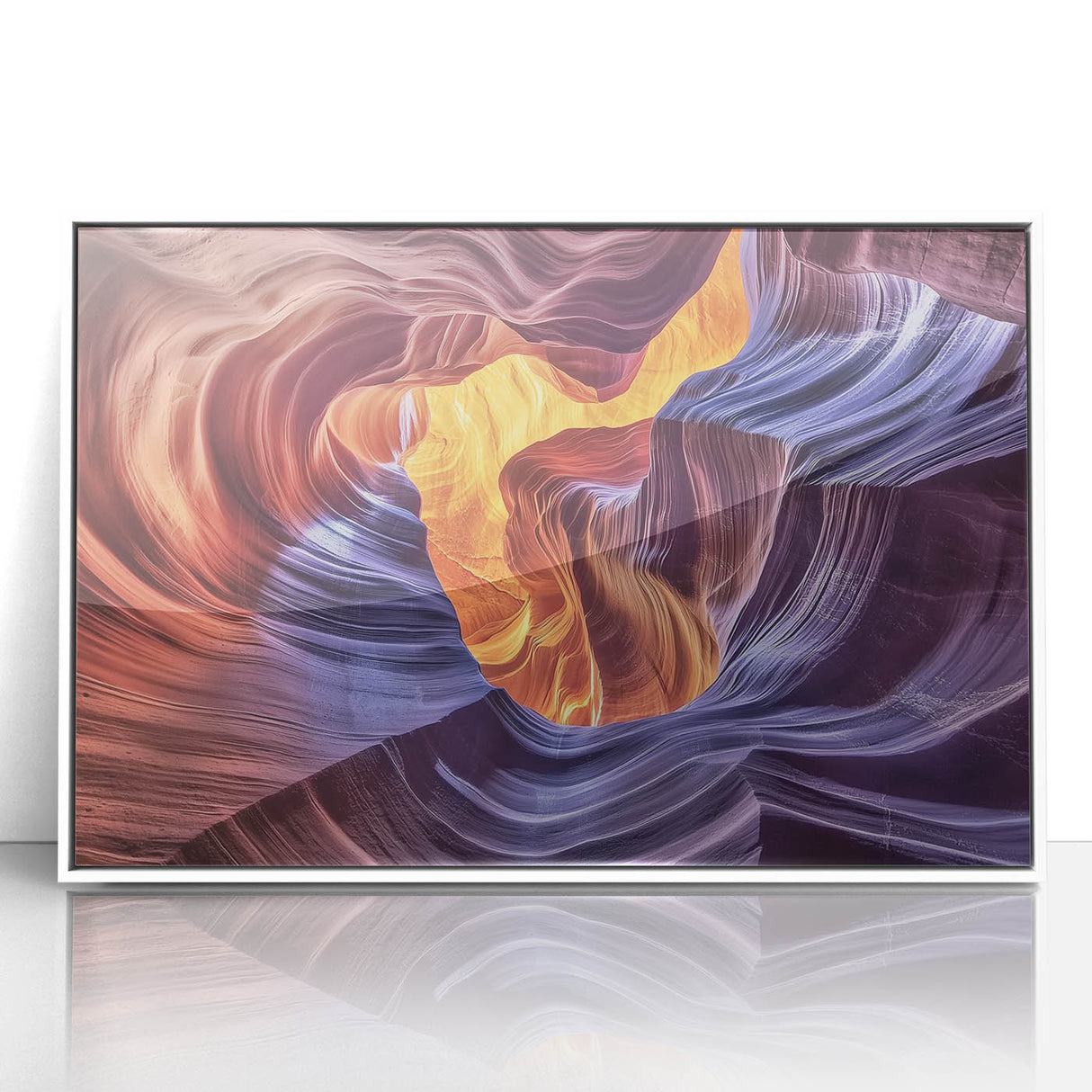 Framed acrylic artwork depicting a stunning landscape of vibrant canyons in earthy tones, set against a sleek white frame, ideal for modern home decor.