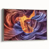 Framed canvas artwork depicting a stunning landscape of canyons, featuring rich earth tones and detailed textures, showcased from a silver side view, ideal for home decor.