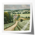 Landscape wall art print depicting a serene countryside scene with rolling hills, vibrant greenery, and a clear blue sky, presented in a glossy finish for a modern decor aesthetic.