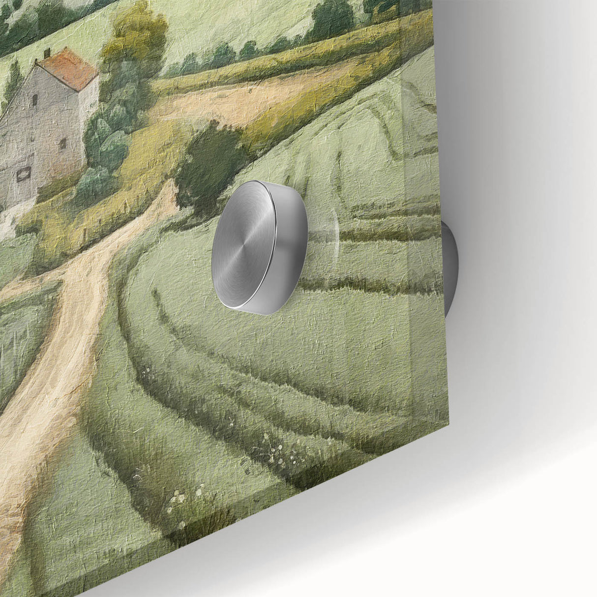 Close-up of a vibrant landscape wall art piece showcasing a serene countryside scene with lush greenery and a clear blue sky, presented on acrylic glass for a modern finish.