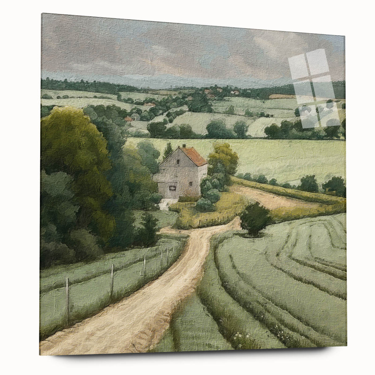 Landscape wall art showcasing a serene countryside scene with vibrant colors, displayed in an acrylic glass frame from a side view, perfect for home decor.