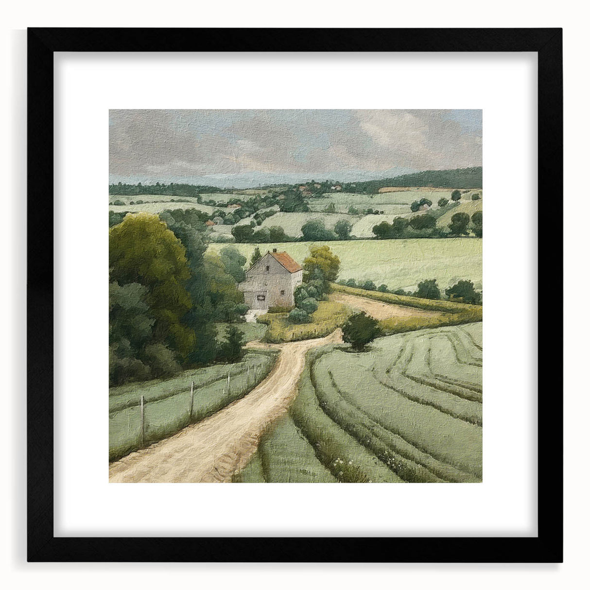 Framed landscape wall art depicting a serene countryside scene with lush greenery and rolling hills, featuring a sleek black frame and white matting, perfect for home decor.