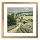 Landscape wall art featuring a serene countryside scene, framed with a gold mat, showcasing vibrant greens and soft blues, perfect for home decor in any setting.