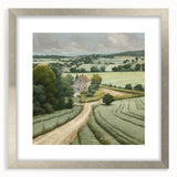 Landscape wall art featuring a serene countryside scene, framed in a sleek silver frame with a mat, perfect for home decor. The artwork displays vibrant greens and soft blues, capturing the essence of nature's tranquility.