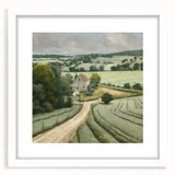 Landscape wall art featuring a serene countryside scene with vibrant green fields and a clear blue sky, presented in a white frame with a mat. Ideal for home decor.