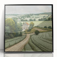 Framed acrylic wall art showcasing a serene countryside landscape, featuring vibrant greens and blues, with a sleek black frame enhancing its modern aesthetic.