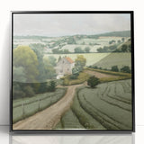 Framed acrylic wall art showcasing a serene countryside landscape, featuring vibrant greens and blues, with a sleek black frame enhancing its modern aesthetic.