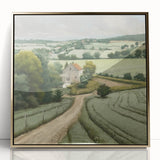 Framed acrylic wall art depicting a serene countryside landscape with vibrant greenery and a golden frame, perfect for home decor and enhancing interior aesthetics.