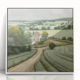 Framed landscape wall art depicting a serene countryside scene with lush greenery and a clear sky, presented in a sleek white frame for a modern touch.