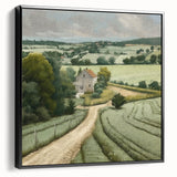 Framed landscape wall art depicting a serene countryside scene with green hills and a blue sky, featuring a sleek black frame for modern decor.