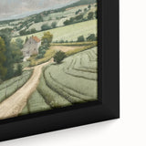 Framed canvas artwork depicting a serene landscape of rolling hills and lush green countryside, showcasing vibrant colors and intricate details for a calming home decor piece.