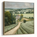 Framed landscape wall art depicting a serene countryside scene with lush greenery and a blue sky, accented with a silver and gold frame, ideal for home decor.