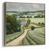 Framed canvas wall art depicting a serene countryside landscape with rolling hills, lush greenery, and a silver frame, ideal for home décor enhancement.