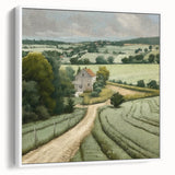 Framed landscape wall art showcasing a serene countryside scene with rolling hills and a vibrant sky, beautifully presented in a white frame, ideal for home decor.