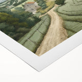 Landscape wall art on rolled canvas depicting a serene countryside scene with rolling green hills, vibrant trees, and a clear blue sky, perfect for home decor.